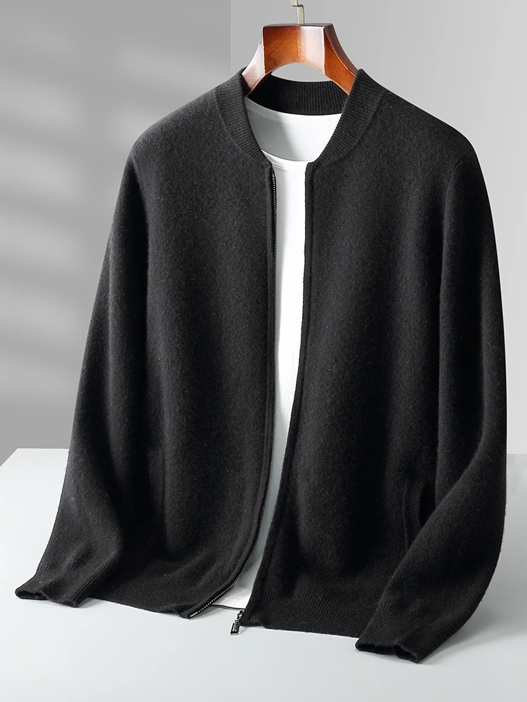 Men's 100% Merino Wool Sweater Thick Warm Zip Cardigan Jacket Autumn Winter New Mock Neck Cashmere Coat Knitted Long Sleeve Tops
