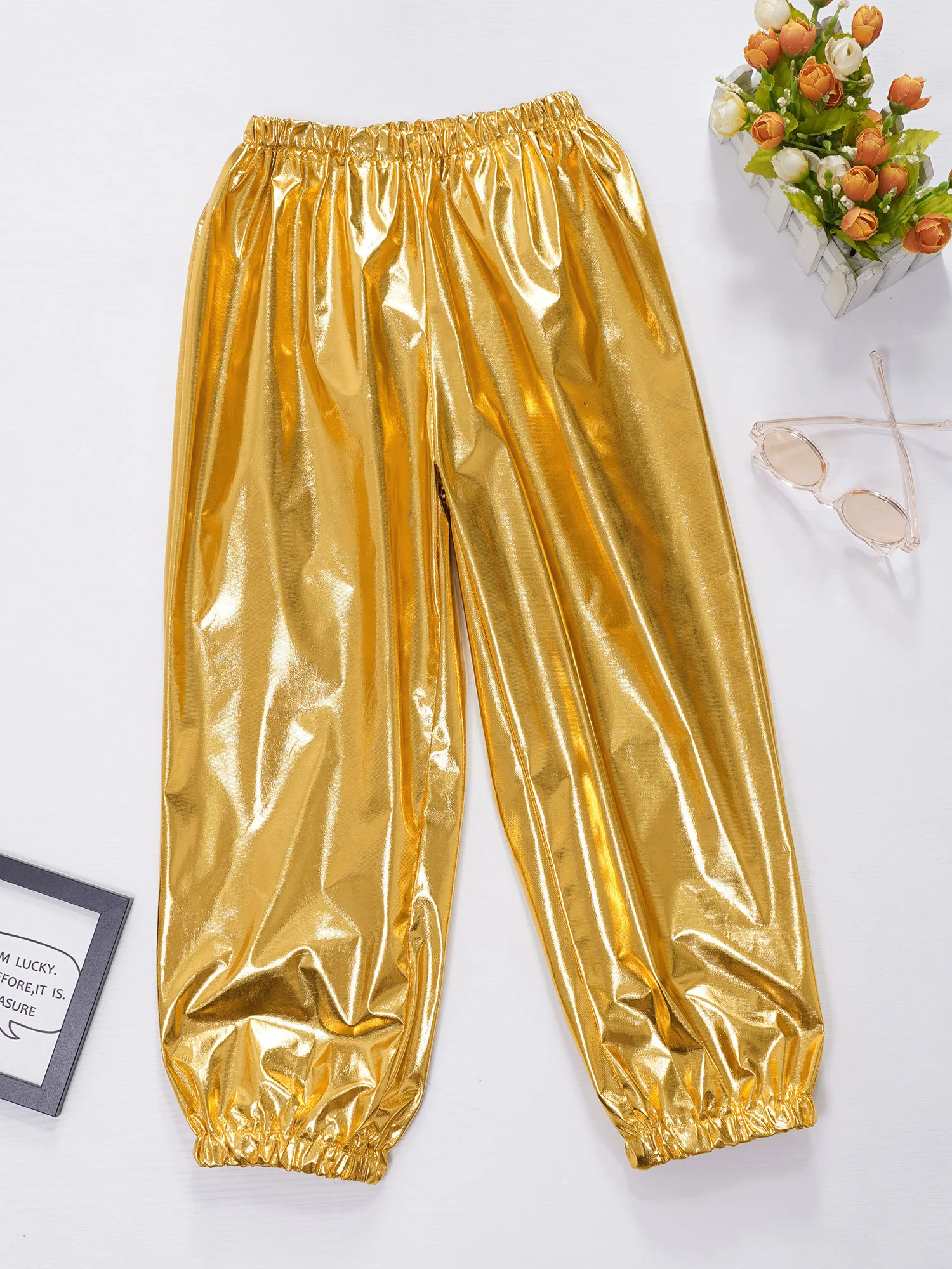 Boys Girls Shiny Metallic Dance Pants Festival Party Pants Disco Loose Harem Trousers Modern Jazz Hip Hop Street Dancewear