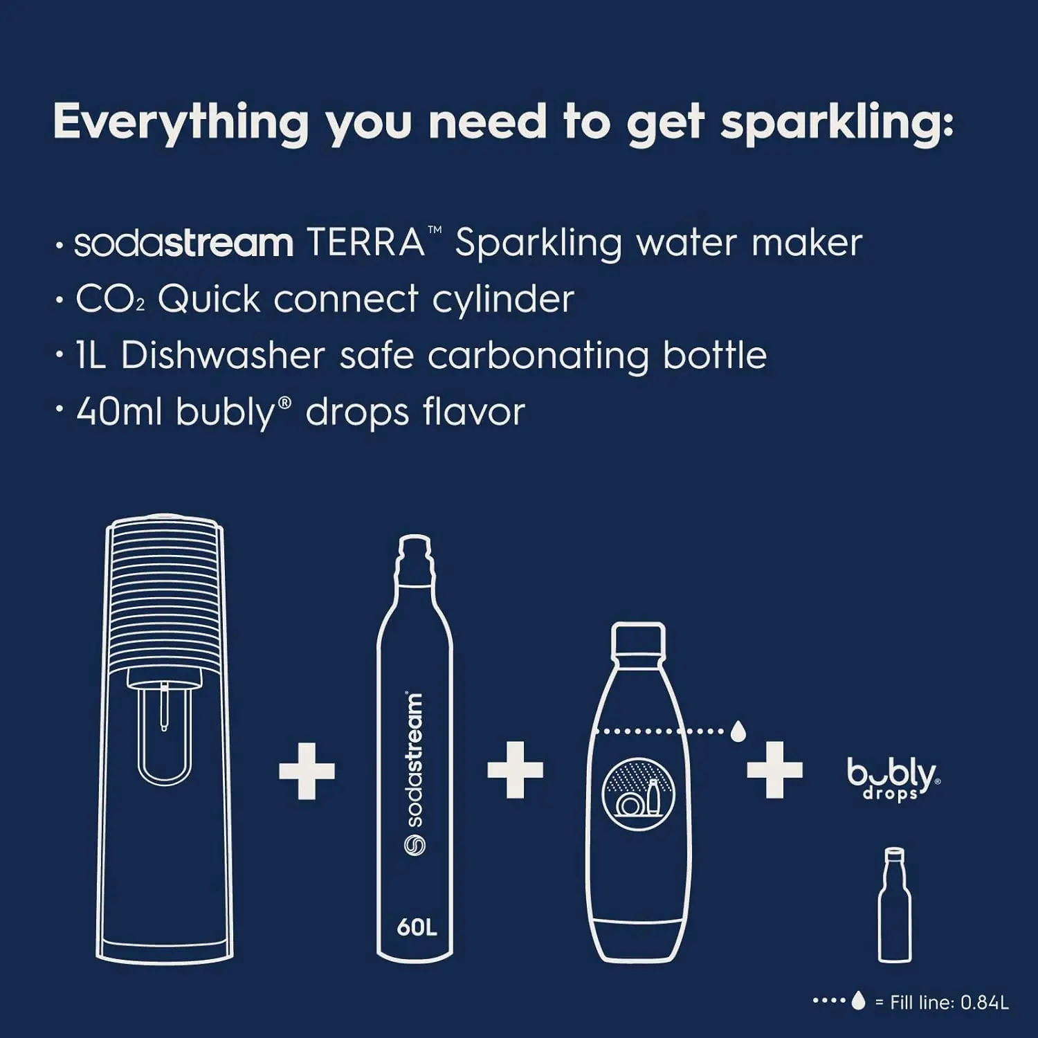 Terra Sparkling Water Maker (nero) con CO2, DWS Bottle e buly Drop, alimentato a batteria