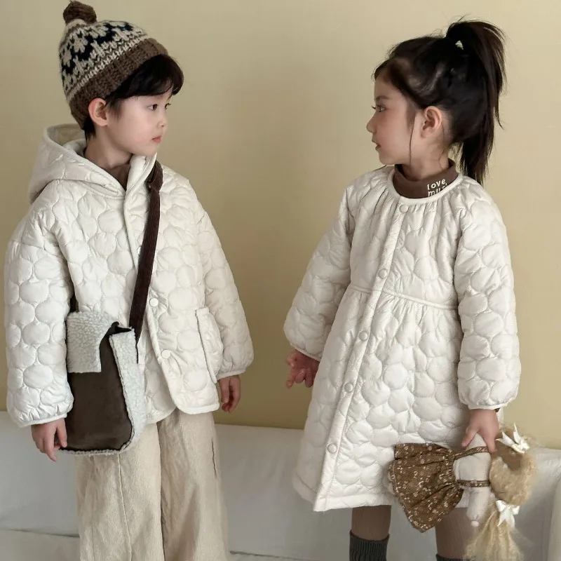 

2025 Winter Siblings Clothes 2-8T Simple Style Boys Plush Velvet Hooded Jacket Girls Baby Quilted Dress Coat Children's Outfits