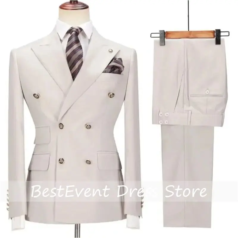 

Men Suit 2 Pieces Beige Double Breasted Solid Color For Business Casual Wedding Groom Banquet Work Tuxedo Set sCustomized