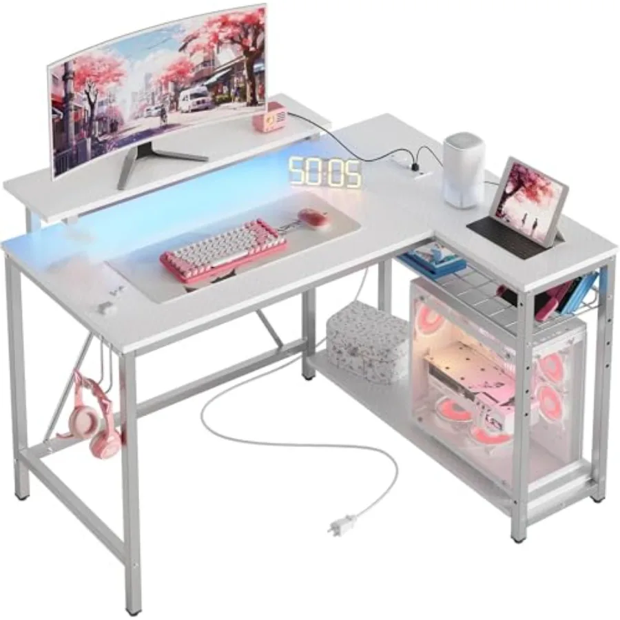 

White Computer Desk with Charging Port LED Strip42 inch Modern Gaming Desk with Reversible Storage Shelves Small L Shaped Desk