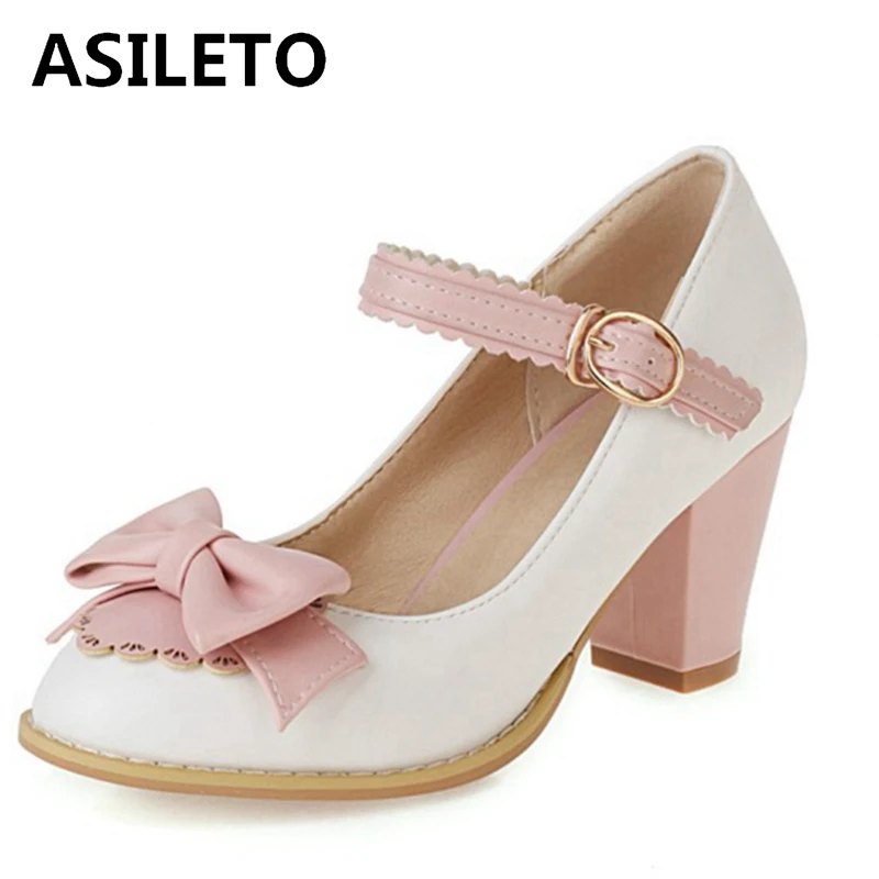 ASILETO New 2021 Ladies Pumps Round Toe 7cm Block Heels Buckle Bowtie Sweet Cute Vintage All-Match Big Size 48 Party S2131