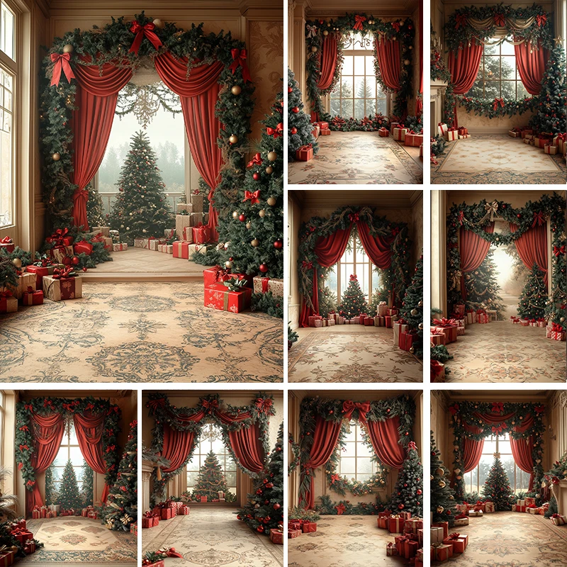 

LS Photography Background Christmas Tree Wreath Window Room Decoration Backdrop Family Xmas Holiday Portrait Studio Props