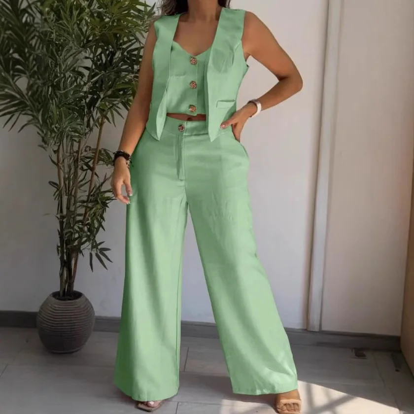 

New Women's Suit Vest Short Button Slim Patchwork Solid Color Elegant Office Button Straight Pants 2-piece Set for Female