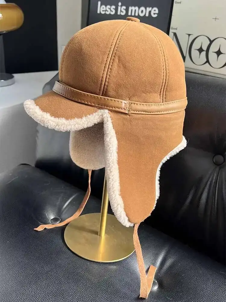 Men's Genuine Leather Cap Winter Warm Lamb Fur Hat Trapper Aviator Trooper Earflap Bomber Hat Russian Ski Ear Rrotectors Hats