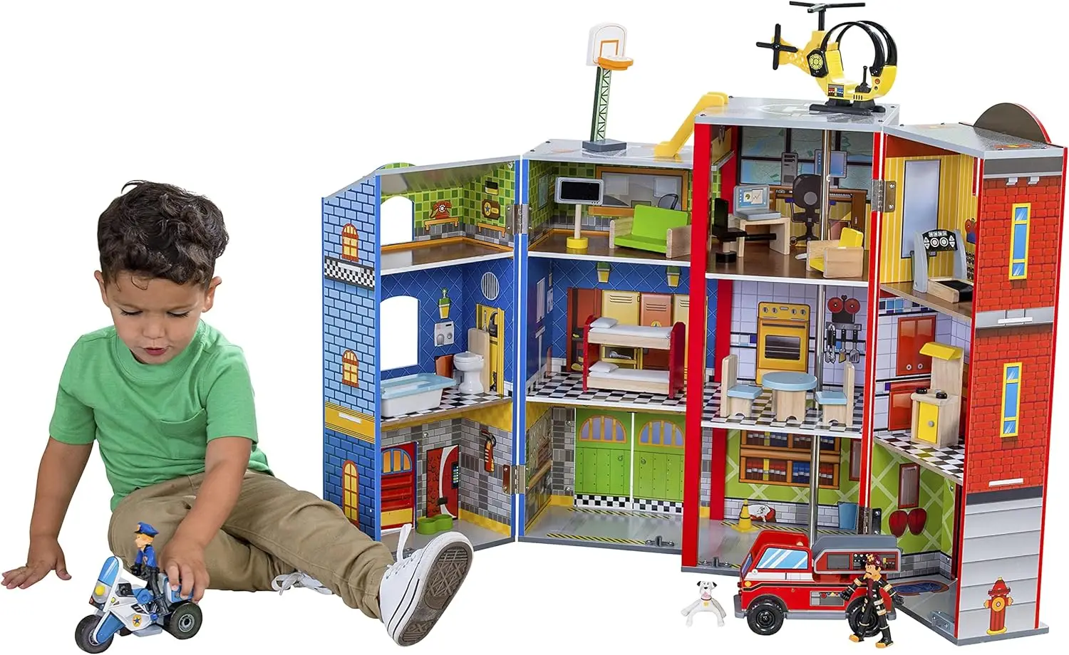 Everyday Heroes Wooden Playset, 3-Story With 26-Piece Accessories, Foldable For Storage