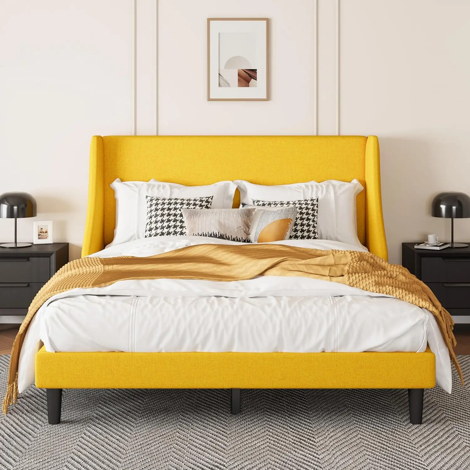 

Upholstered Bed Frame with Streamlined Wingback Headboard Breathable Linen Fabric Solid Wooden Slats Easy Assembly Yellow