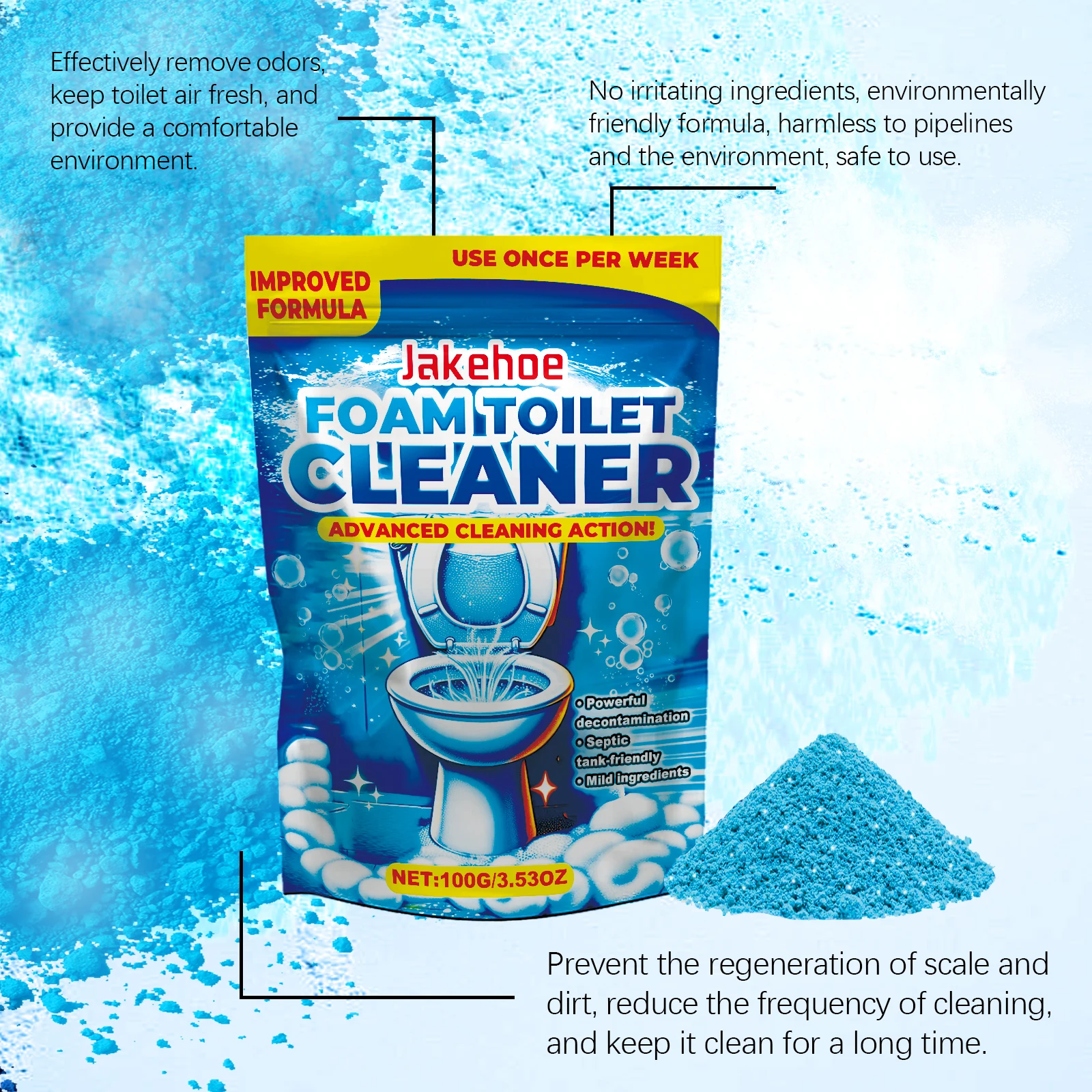 Limpiador de inodoro de 100g, polvo que elimina eficazmente las manchas difíciles, descalcificación, limpieza de suciedad amarilla, detiene el calcalo, venta al por mayor
