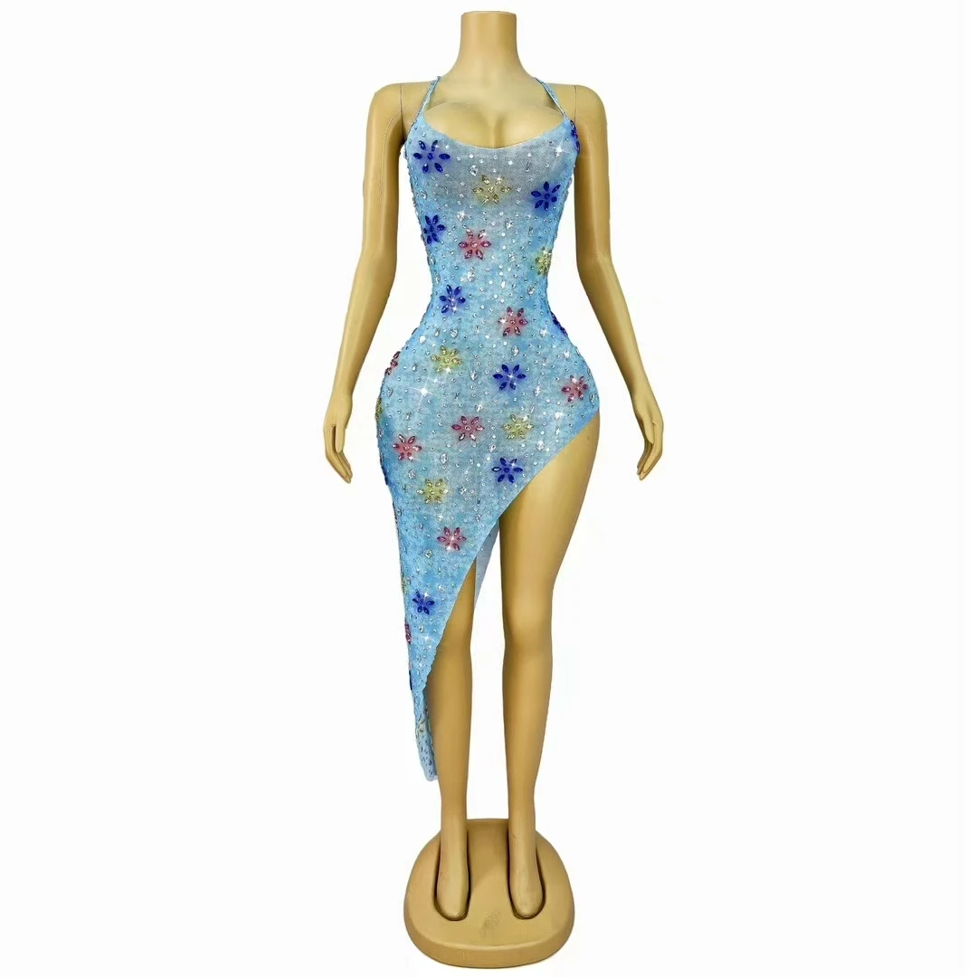 Amarelo roxo strass sexy vestido de malha irregular para festa de aniversário feminino noite celebrar modelo passarela palco mostrar traje