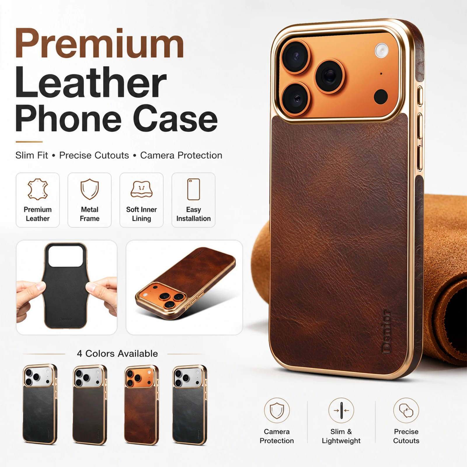 

Denior Premium PU Leather Suitable for iPhone 17/16/15/14 ProMax Phone Case With Electroplated Metal Frame Slim Protective Cover