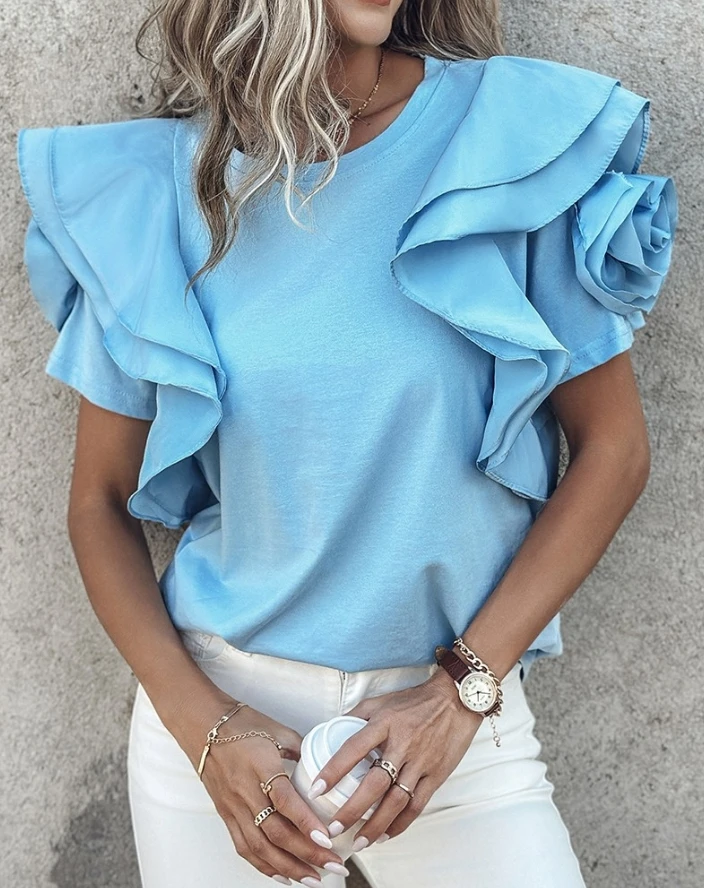 

Fashion Summer Women Blouses Casual Daily Round Neck Rose Detail Short Sleeve Ruffle Hem Top Female Loose Fit T-shirt Tops