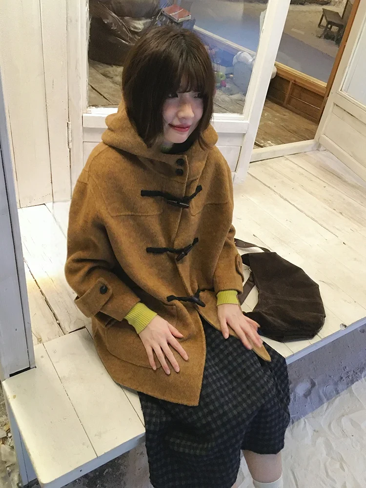 

VOUSALME Winter Thiened ort Woolen Coat for Women Casual Sle with Hat Button Design Chinese Brand Long Sve Pure Color