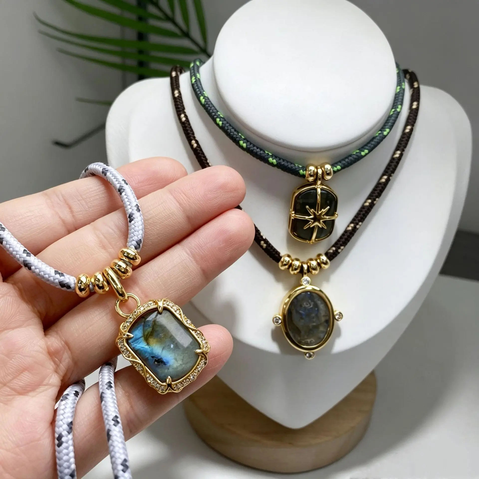 WT-N1544 Shiny Labradorite Square Oval Shape Pendants And Brass Beads Silk Cord Necklace For Mans Daily Accessory