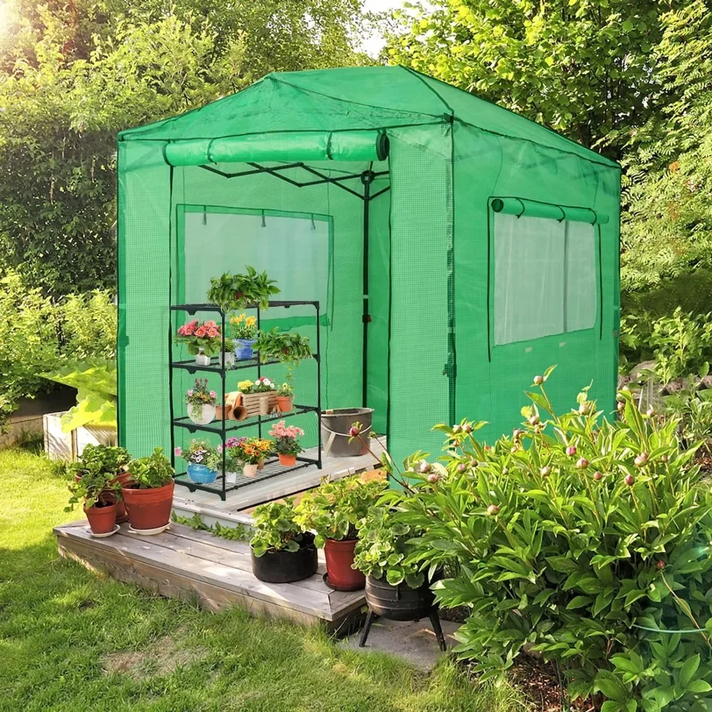 8x6 Portable Walk-in Greenhouse Instant Pop-up Indoor Outdoor Plant Gardening Green House Roll-Up Zipper Doors and Side Windows