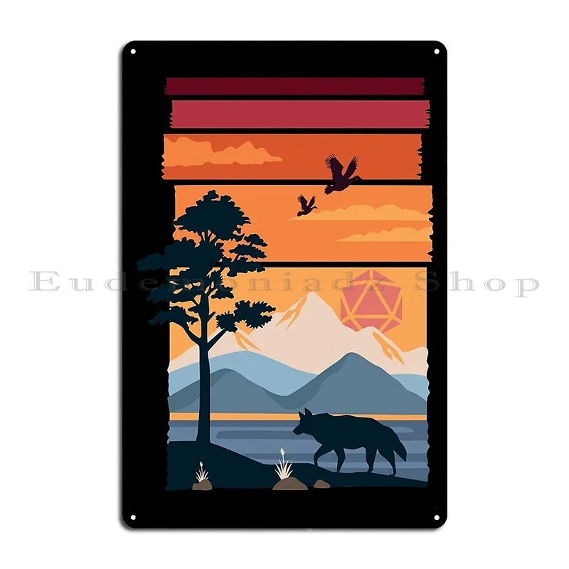 Mountain Wolf Sunset Polyhedral D20 Dice Sun Tabletop Rpg Metal Plaque Poster Customize Classic Pub Plaques Tin Sign Poster
