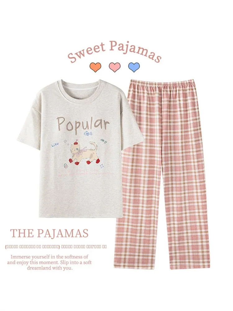 pijamas-victoria-de-algodon-puro-para-mujer-nueva-coleccion-verano-2026-manga-corta-pantalones-largos-estampado-a-cuadros-conjunto-de-ropa-para-el-hogar-comodo