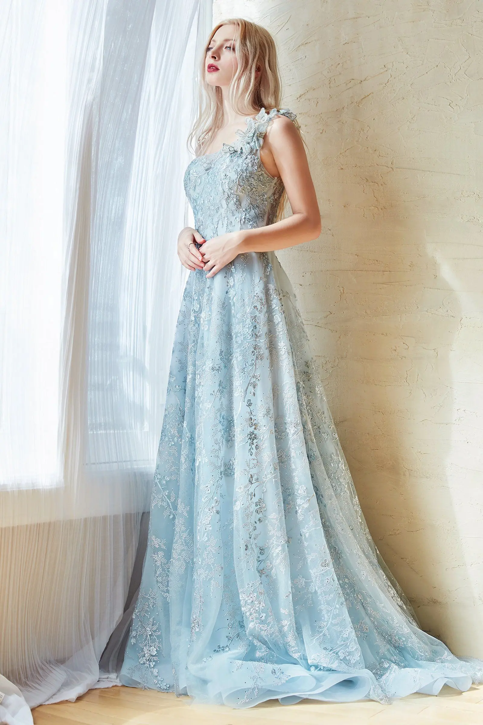 

Lace Appliques One-Shoulder A-line Prom Dresses Women's A-line Backless Luxury Fairy Princess Dress Light Blue Graduation Gowns