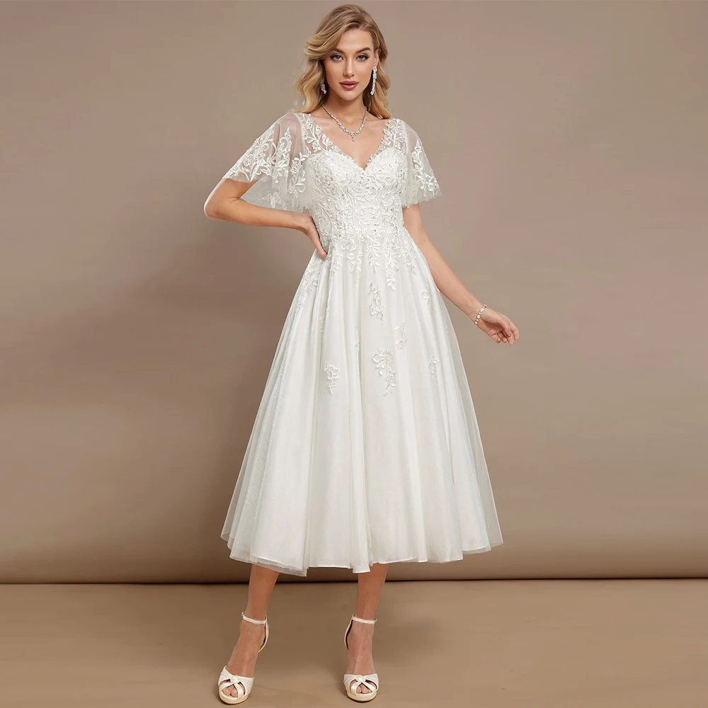 Customized Fashion V Neck Wedding Dresses Short Sleeves Bridal Grown Applique Lace Illusion Pearls Tulle A Line Vestido De Noiva