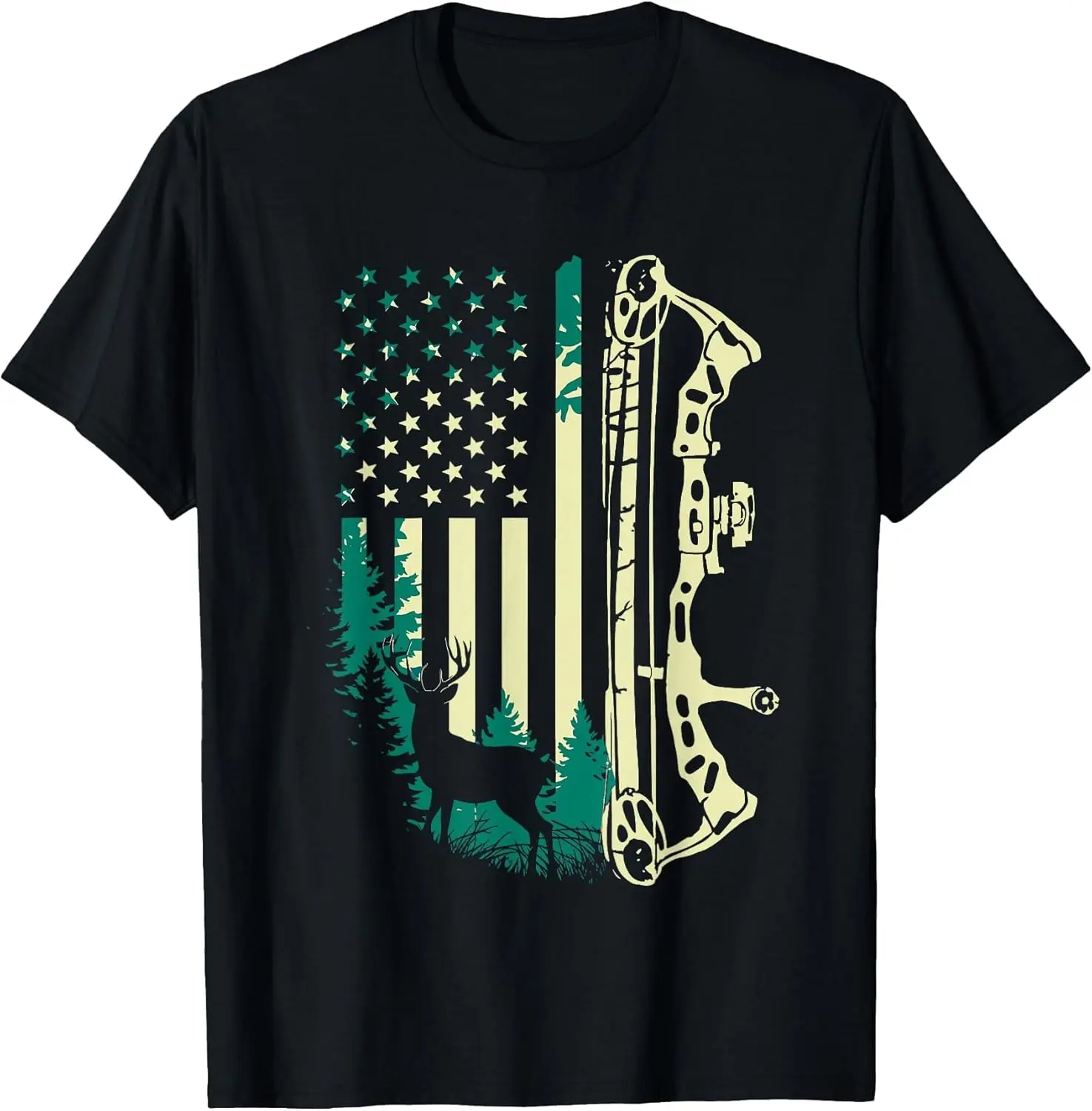 Patriotic Bowhunting USA Flag Bow Archery Deer Hunting Wild T-Shirt 100% Cotton Trendy Y2K Short-Sleeve Tee-Soft, Quick-Drying,