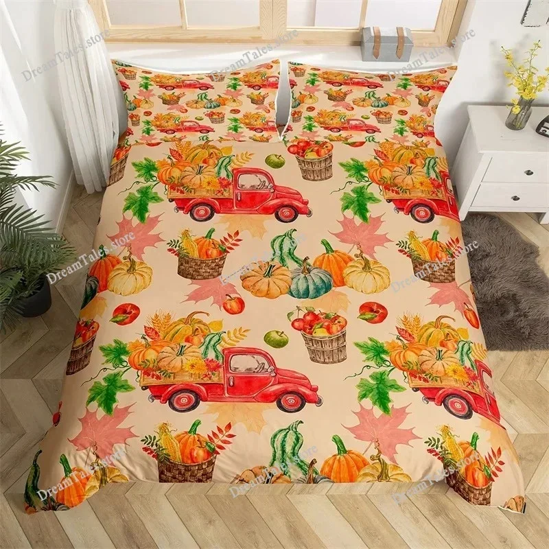 

Комплект постельного белья King-size с пододеяльником из микрофибры, с узором «Турецкие кленовые листья» и тыквой на День Благодарения, в стиле фермерского дома, осенняя тематика урожая, 7 предметов.