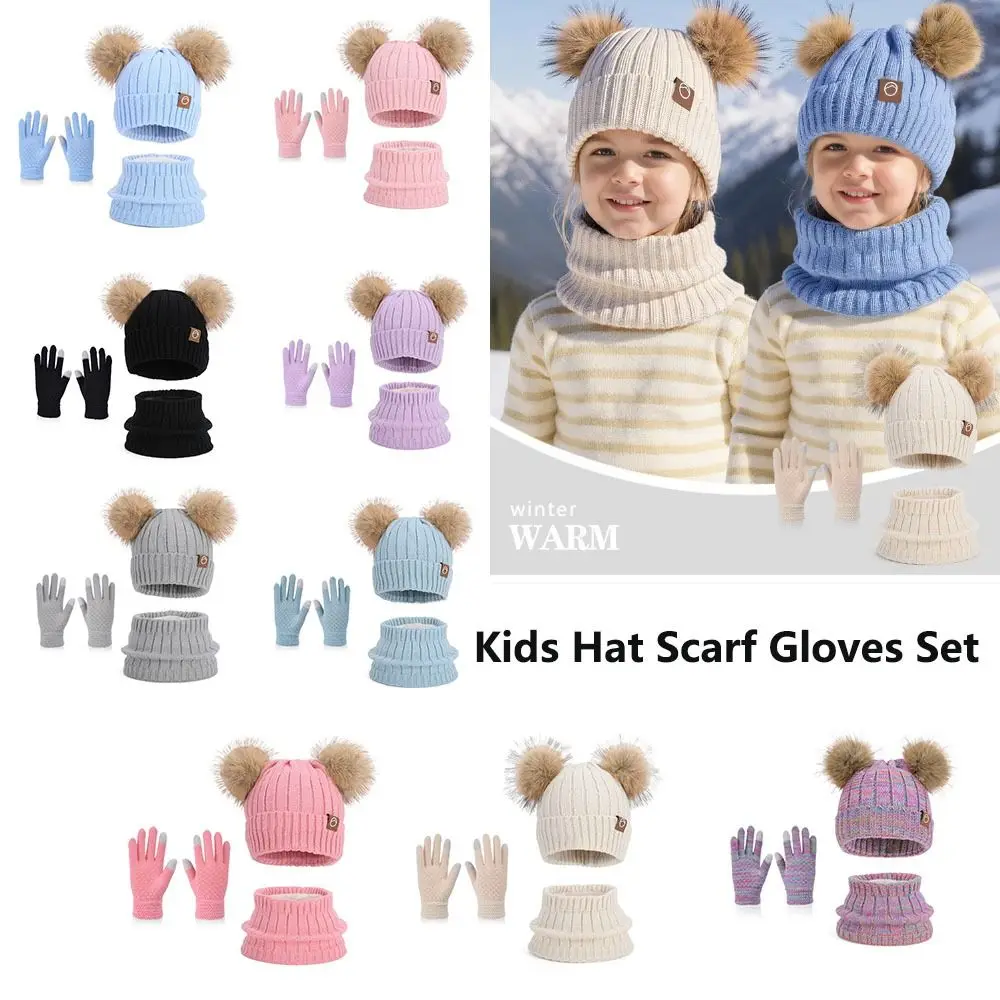 

3Pcs/ Set Fleece Lined Hat Scarf Gloves Set Knitted Cap Thermal Protection Children's Beanie Cap Warm Thicken