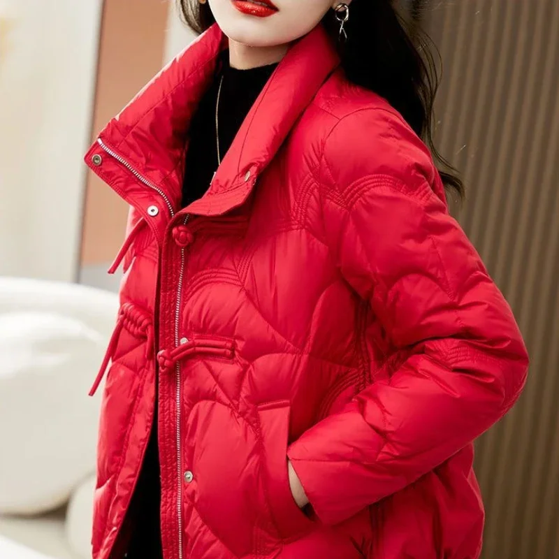 Women\'s Jacket Quilted Padded Short Duck Down Red Thick Padding Cropped White Female Coats Fashion 2024 Modern New in & Harajuku