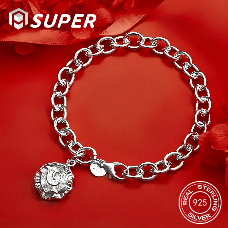 

ALISuper 925 Sterling Silver 8 Inch Exquisite Rose Flower Pendant Bracelet Women's Fashion Wedding Jewelry Accessory