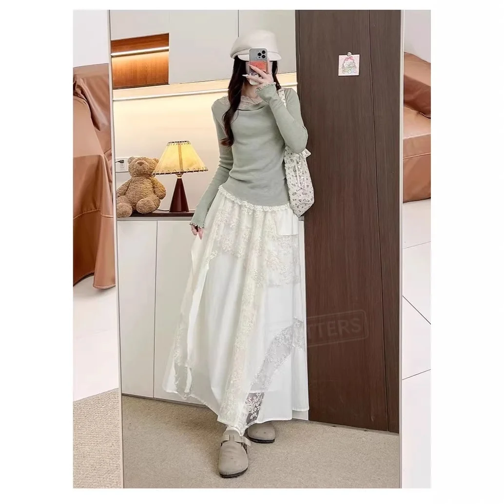 TFETTERS Women White Lace Patchwork Long Skirt Spring Summer Irregular Mesh Maxi Skirt High Waist Slim Skirts for Women