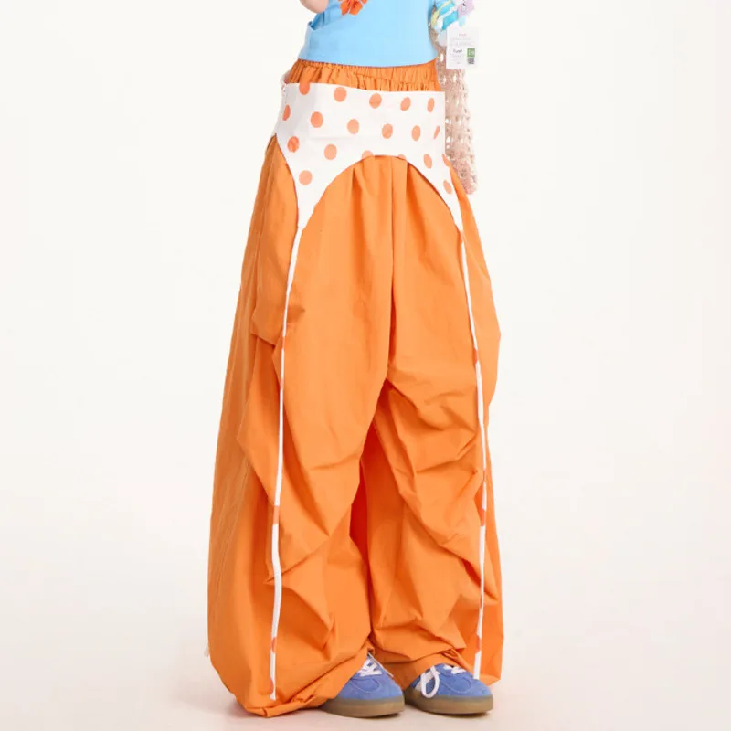 HKSH 봄 가을 신상 여성용 와이드 레그 팬츠 엘라스틱 웨이스트 컬러 블록 플리츠 아메리칸 레트로 Y2K 트렌드 HK16104