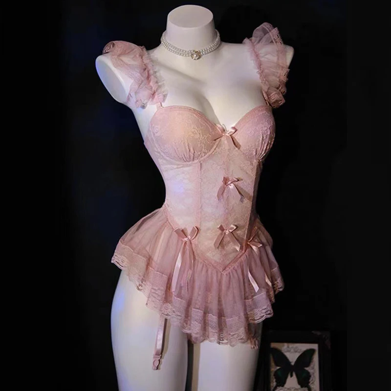 French Sexy Black Corset Top with Matching Panty Slim Waist Lace Mesh Lolita Lingerie Set Pure Desire Fishbone Bra Bustier