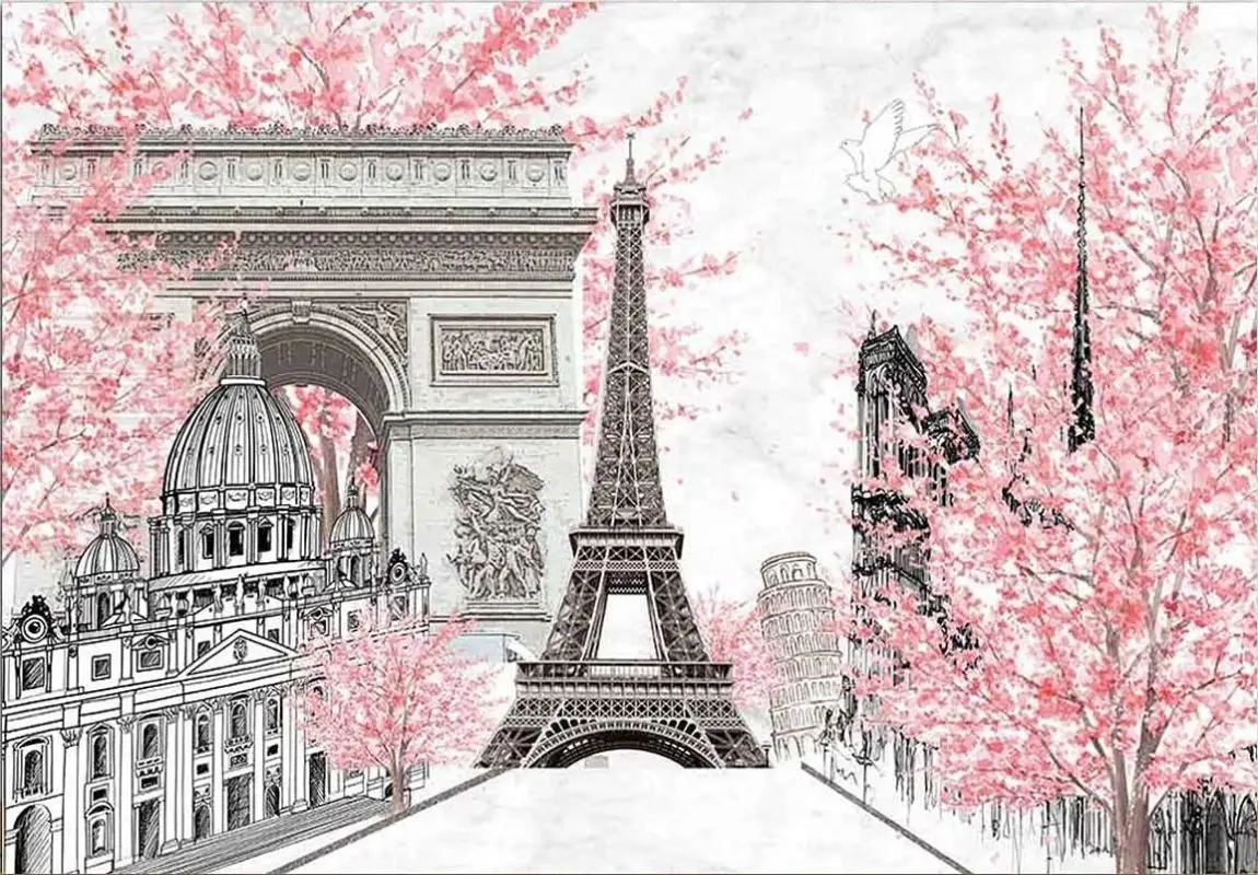 Pink Flowers Trees Eiffel Tower Photography Backdrop Gray Paris Themed Birthday Party Wedding Girl Background Decoration  Banner