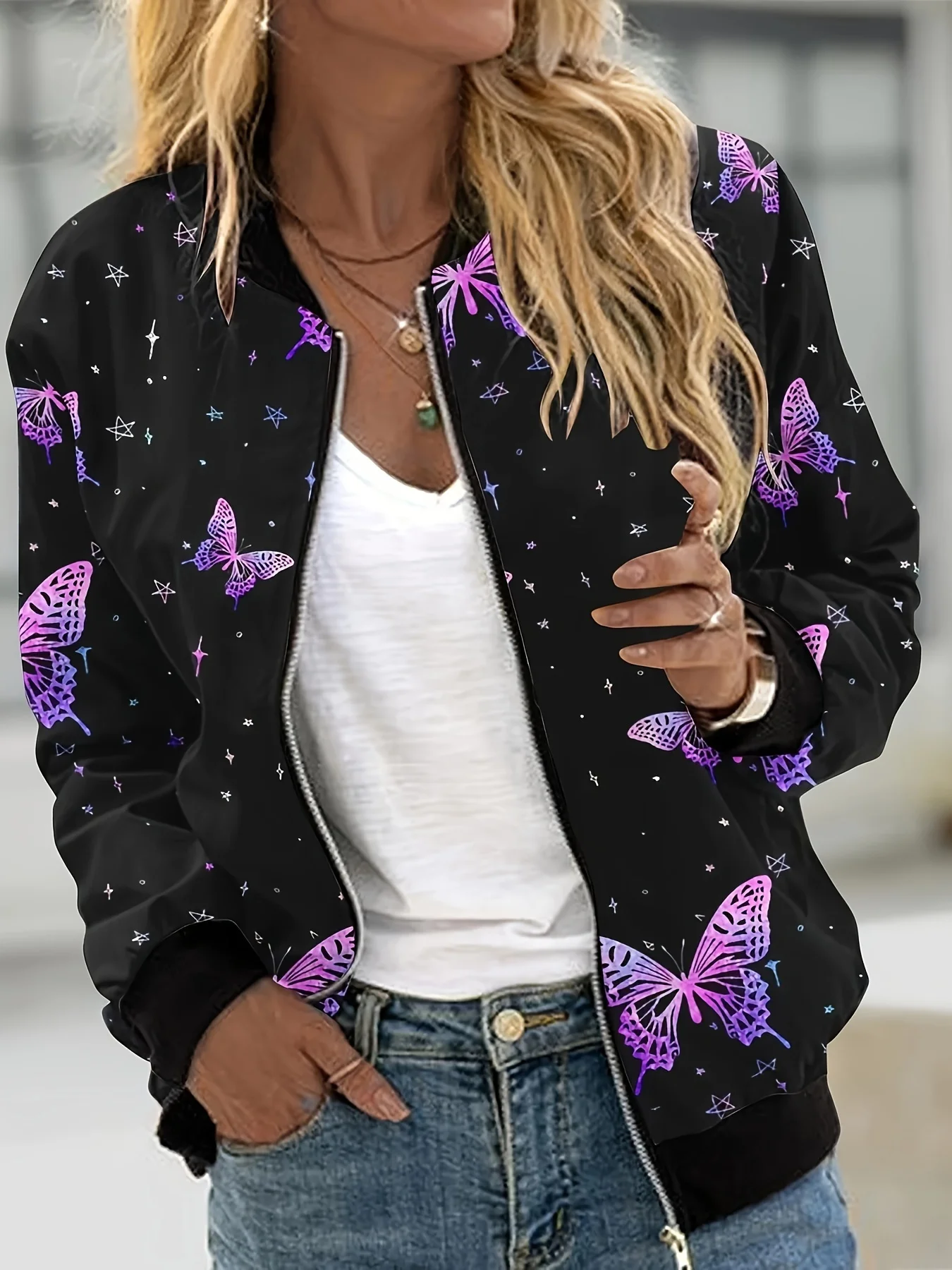 Women's Black Butterfly Print Baseball Jacket Zip Up Bomber Coat Long Sleeve Casual Outerwear Spring Autumn