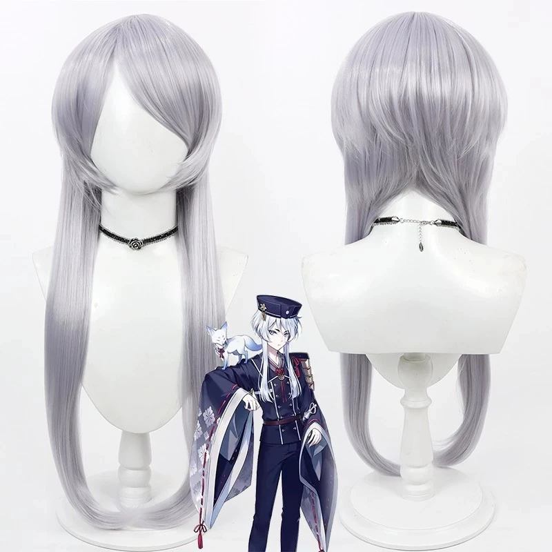 Touken Ranbu ONLINE Hakusan Yoshimitsu Parrucca Cosplay Grigio 70 cm Capelli sintetici Resistente al calore Carnevale di Halloween Gioco di ruolo Festa