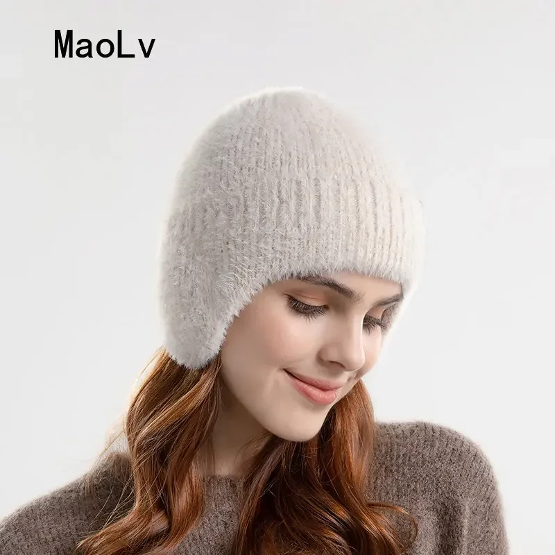 Mink Fur Earflap Winter Hat Women Fashion Faux Fur Warm Knitted Hat Kpop Style Soft Ear Protection Beanies Men Streetwear Cap