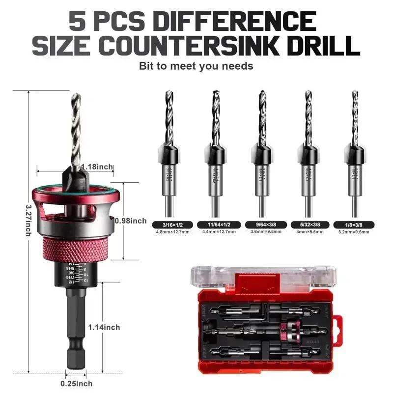 

5Pcs Countersink Drill with Depth Stop M2 Pre-Drill with Ball Bearing 1/4 Inch Hex Shank Precise Countersink Wood for Workshop