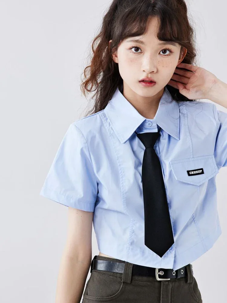 

Sexy Cropped Jk Tie Shirt Women Sweet Japan Short Sleeve Blouse Cute Preppy Style Casual Female Fashion Kawaii Summer Tops