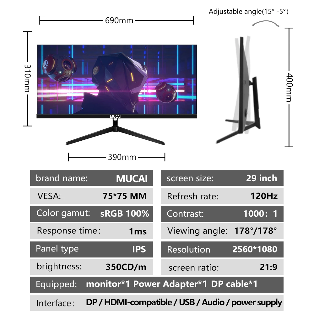 MUCAI 29 Inch Monitor Quasi-2K 120Hz WFHD Wide Display 21:9 IPS Desktop LED Not Curved Gamer Computer Screen DP/2560*1080