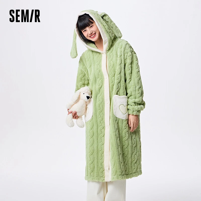 Semir Home Clothing Women Fashion Texture Pattern Rabbit Shape Plush Warm Loose Hooded Comfortable Home Robe