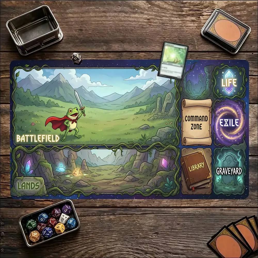 Cute Hero Frog Magic Card Battle Play Mat 600X350MM TCG Playmat Anti-Slip Base Gathering Gaming Mat Board Game Desk Mats for MTG
