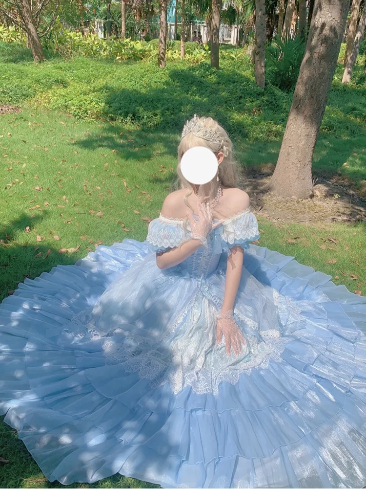 Blaues Feen-Maxikleid für den Sommer, schmal geschnitten, elegantes, schweres Blumen-Hochzeitskleid für Mädchen, süßes, schulterfreies Lolita-Prinzessinnenkleid