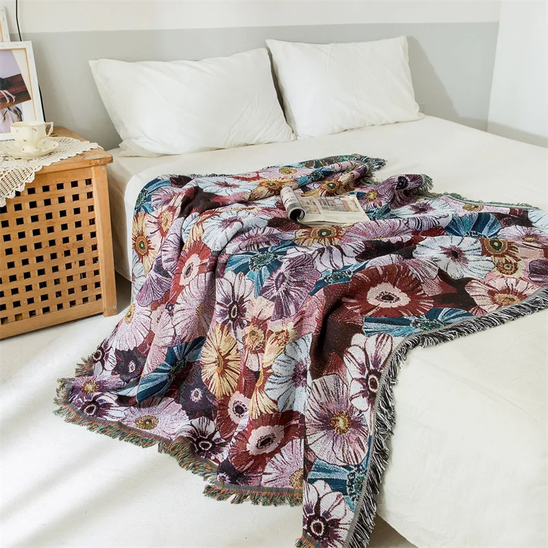 

Bohemian Bedding Floral Design Reversible Throw Blanket Jacquard Fringed Throwing Blanket for Sofa Cover Carpet Fringe Tapestry