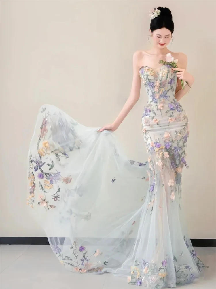 

Strapless light luxury banquet coming-of-age ceremony gauze fishtail morning dress