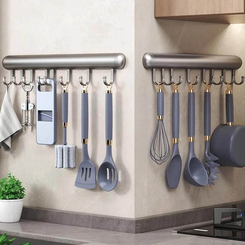 Wall Mounted Kitchen Hook Rack Aluminum Cabinet Storage Kitchen Utensils Rack Spoon Shovel Movable Hook Hardware Accessories