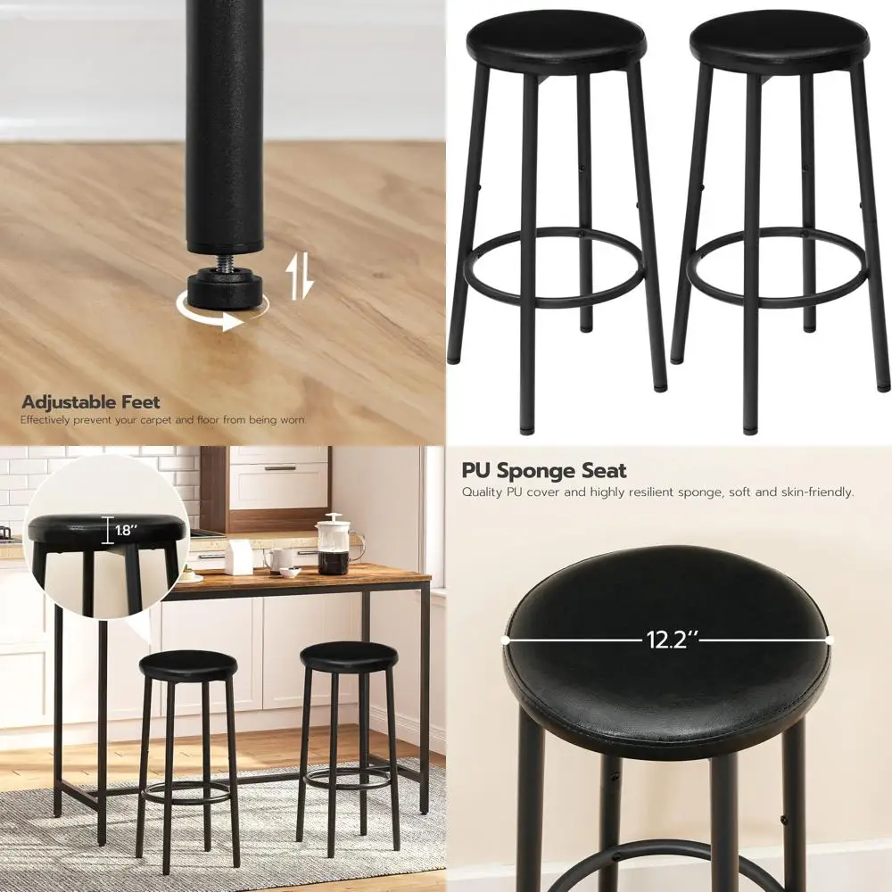 Paar 25,6 zwarte PU-gestoffeerde barkrukken met voetsteun voor keukeneiland en eetkamer, eenvoudige montage