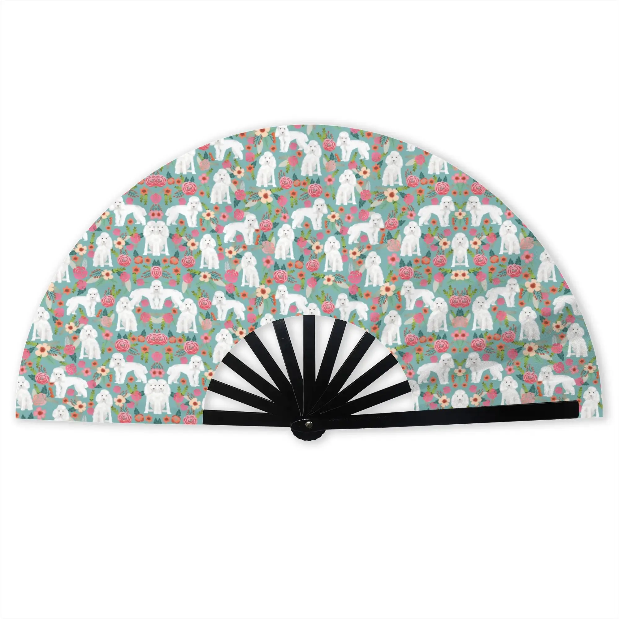 Vintage Poodle Dog Floral Folding Hand Fan DIY Pudel Caniche Polyester Fabric Fan Cool Summer Accessory Decorative Fans