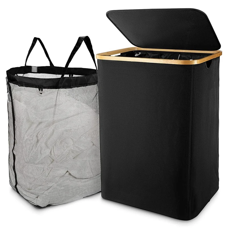 Laundry Basket with Lid, Black Laundry Basket with Removable Laundry Bag - Laundry Sorter for Bathroom & Bedroom