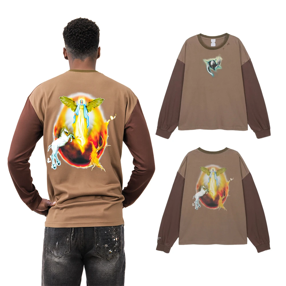 Y2k Fashion Streetwear Saint Graphic Full Sleeves Tees Cotton Retro Street Style Distressed Patchwork Long Sleeve T Shirts Men's