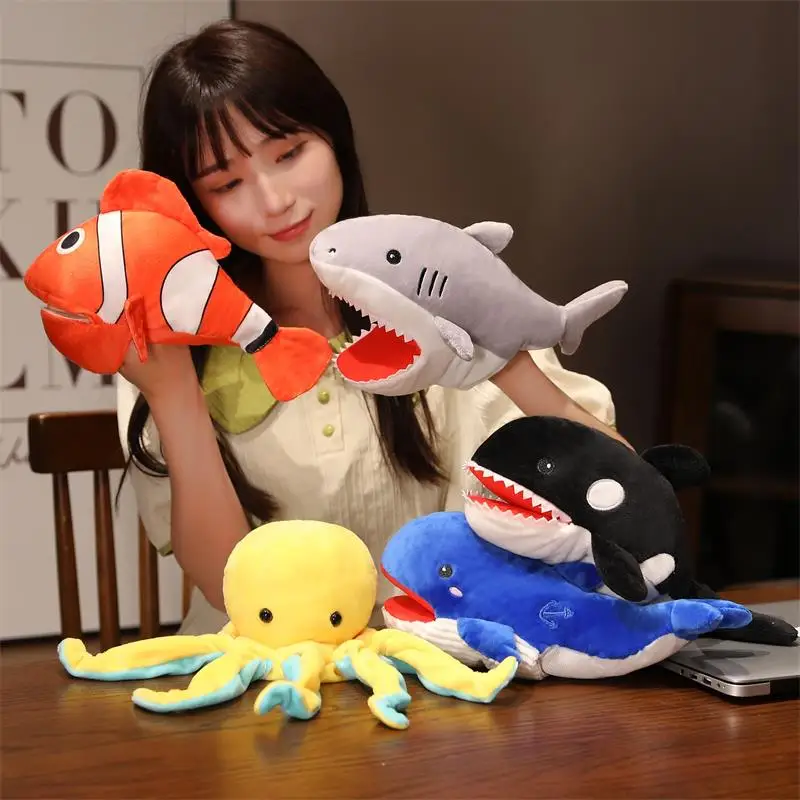 New Crocodile Shark Killer Whale Plush Hand Puppets Lifelike Tropical Fish Penguin Octopus Hand Puppets For Kids Adults Muppets