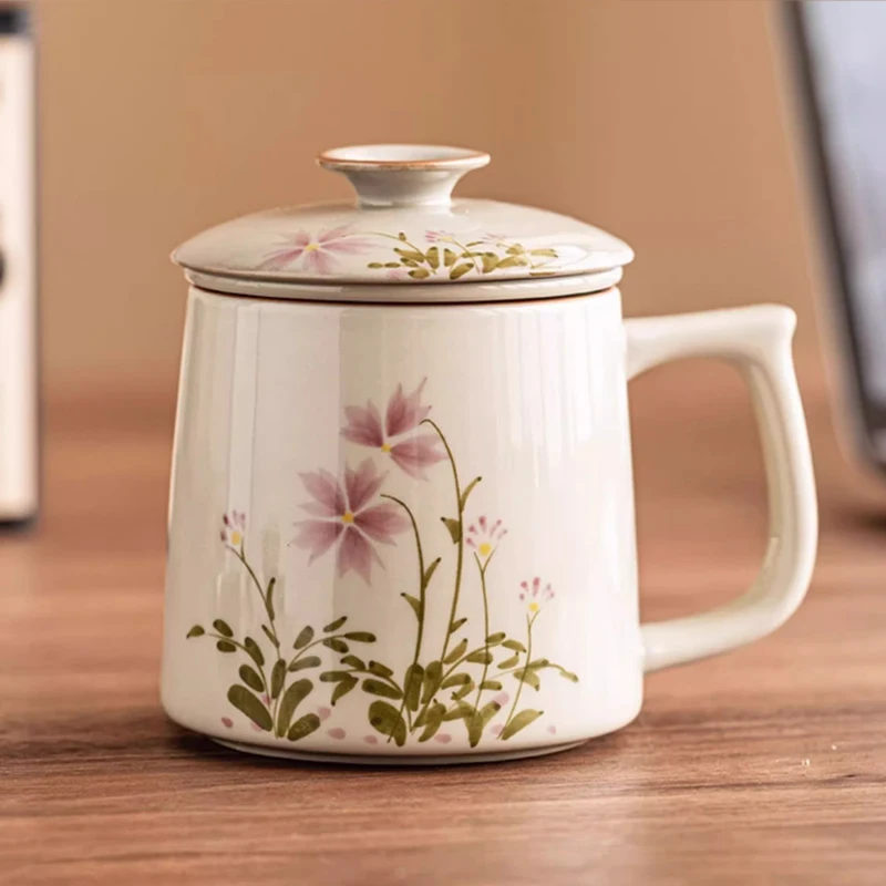 كوب تصفية وفصل الشاي بنمط الأزهار على الطراز الصيني، مع غطاء كوب بورسلين أبيض، كوب مكتب سيراميك لأدوات الشرب، قطعة واحدة #6